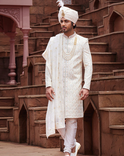 Cream Art Silk Designer Sherwani