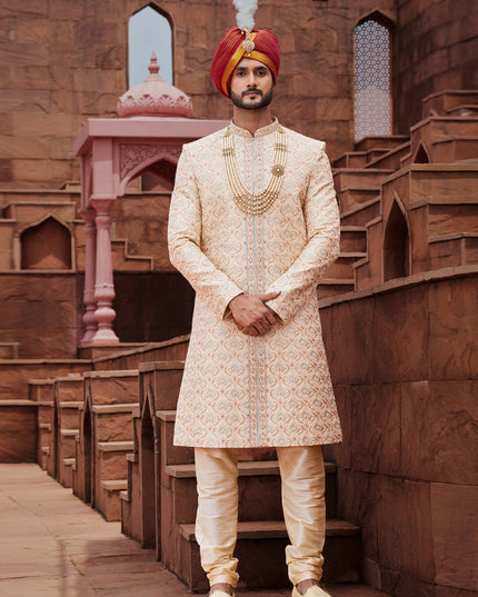 Beige Art Silk Designer Sherwani