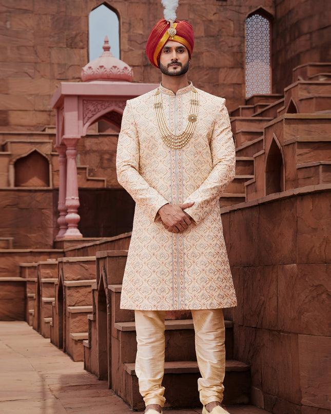 Beige Art Silk Designer Sherwani