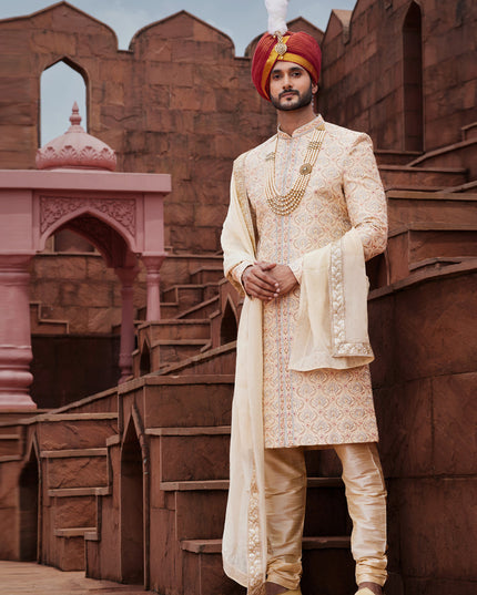 Beige Art Silk Designer Sherwani