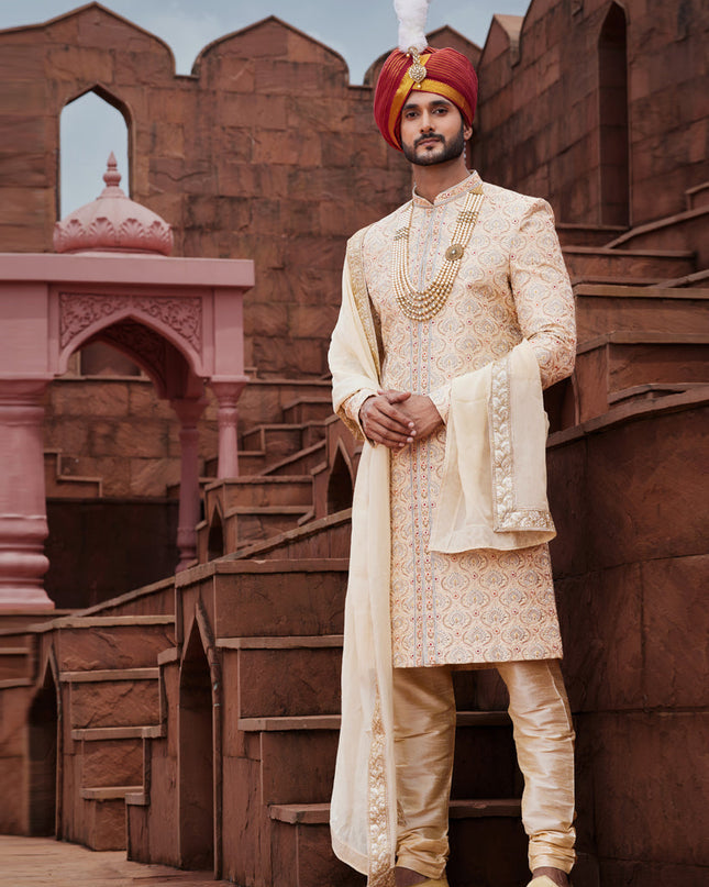 Beige Art Silk Designer Sherwani