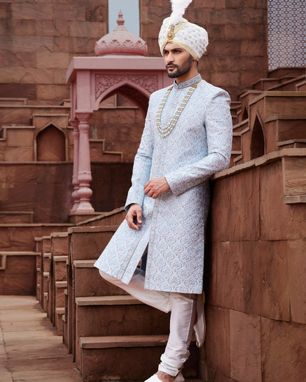 Powder Blue Art Silk Designer Sherwani