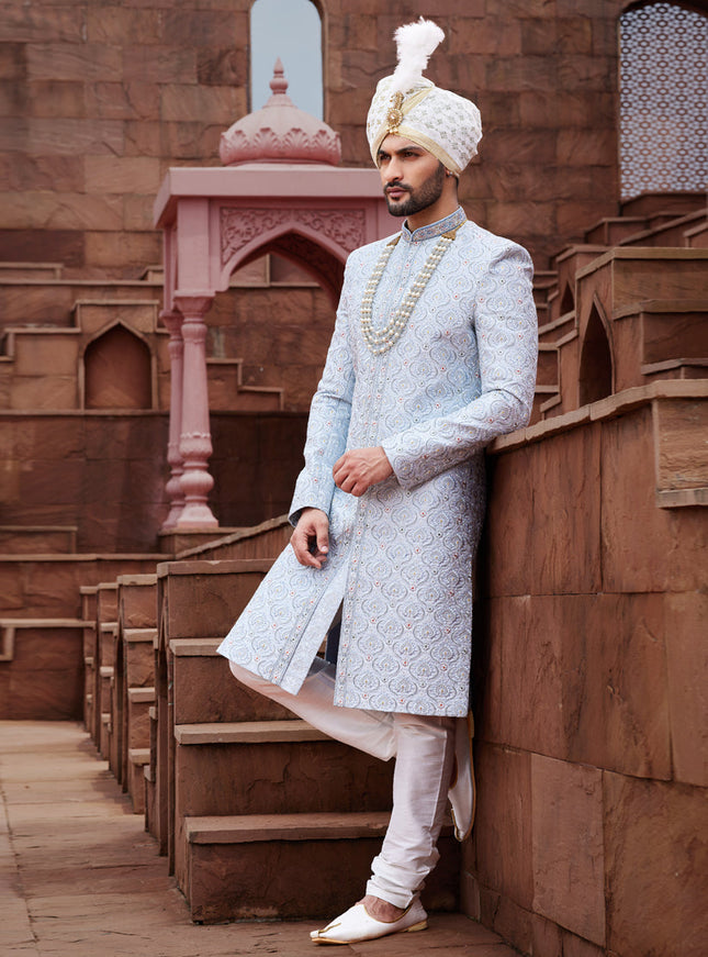 Powder Blue Art Silk Designer Sherwani
