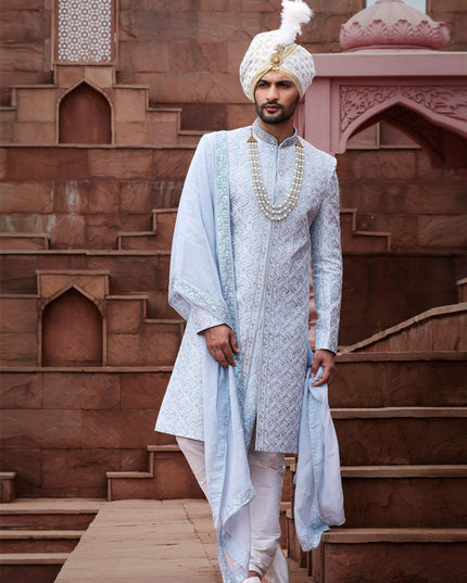 Powder Blue Art Silk Designer Sherwani