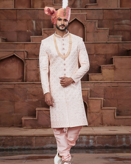 Peach Art Silk Designer Sherwani