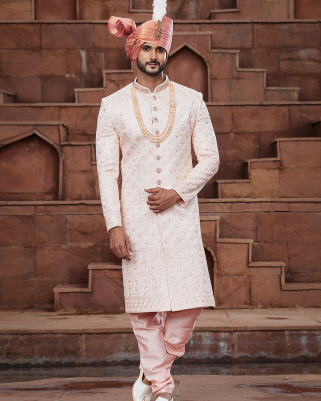 Peach Art Silk Designer Sherwani