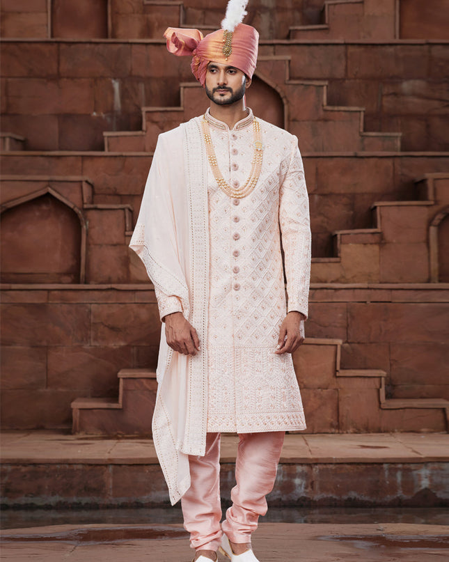 Peach Art Silk Designer Sherwani
