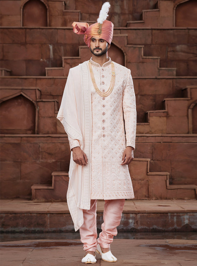 Peach Art Silk Designer Sherwani