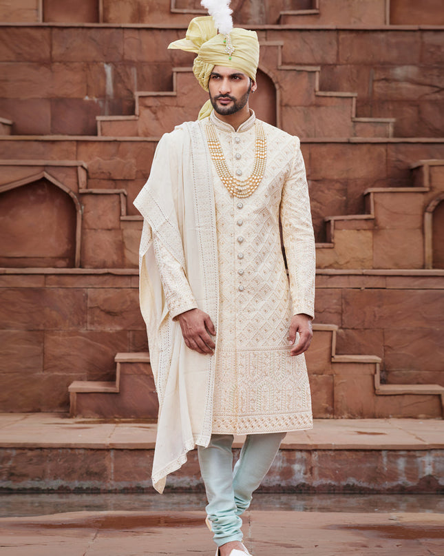 Beige Art Silk Designer Sherwani