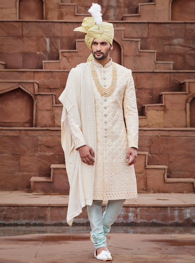 Beige Art Silk Designer Sherwani