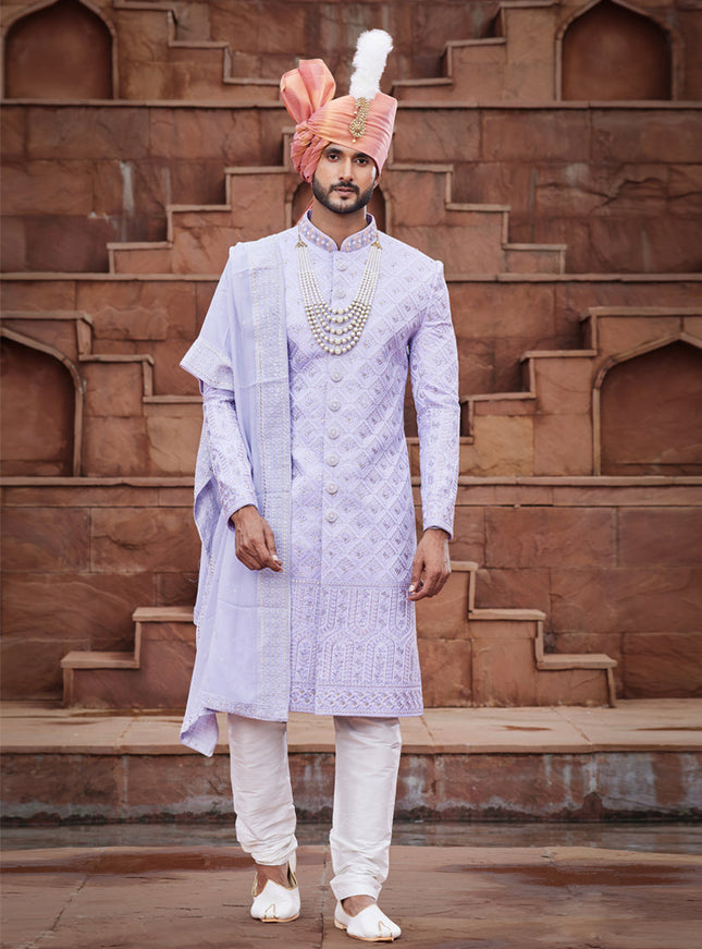 Light Purple Art Silk Designer Sherwani