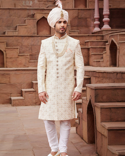 Cream Art Silk Designer Sherwani