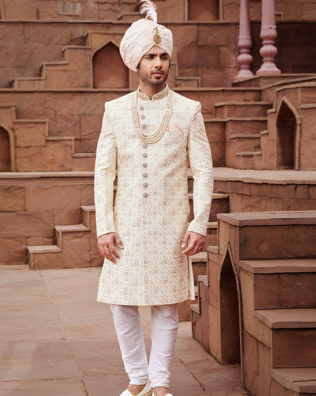 Cream Art Silk Designer Sherwani