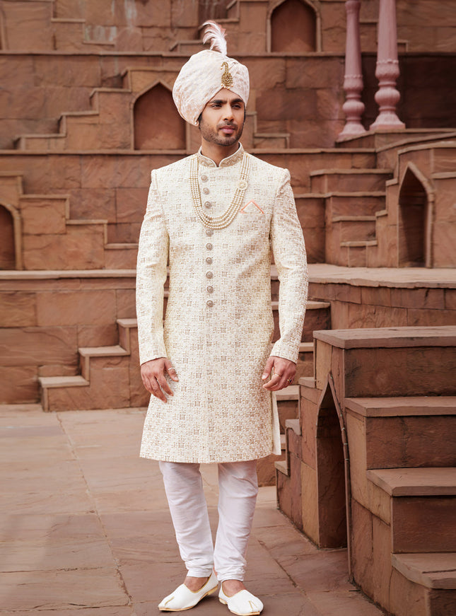 Cream Art Silk Designer Sherwani