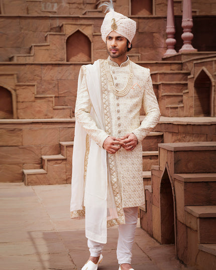 Cream Art Silk Designer Sherwani
