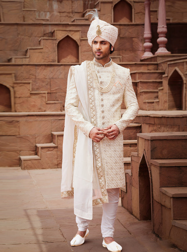 Cream Art Silk Designer Sherwani