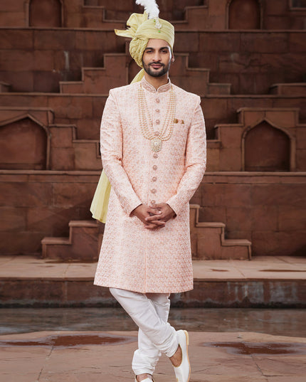 Peach Art Silk Designer Sherwani