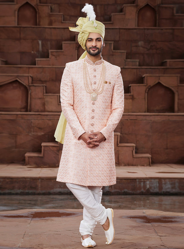 Peach Art Silk Designer Sherwani