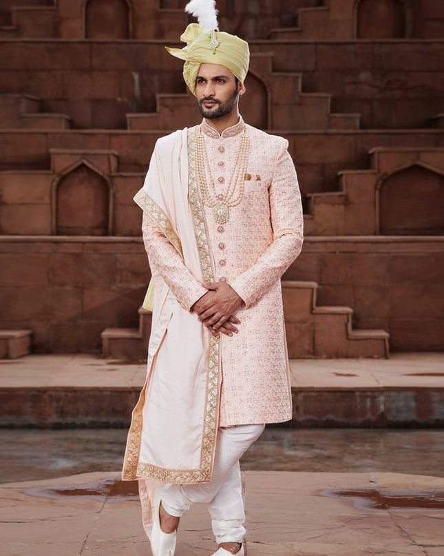 Peach Art Silk Designer Sherwani