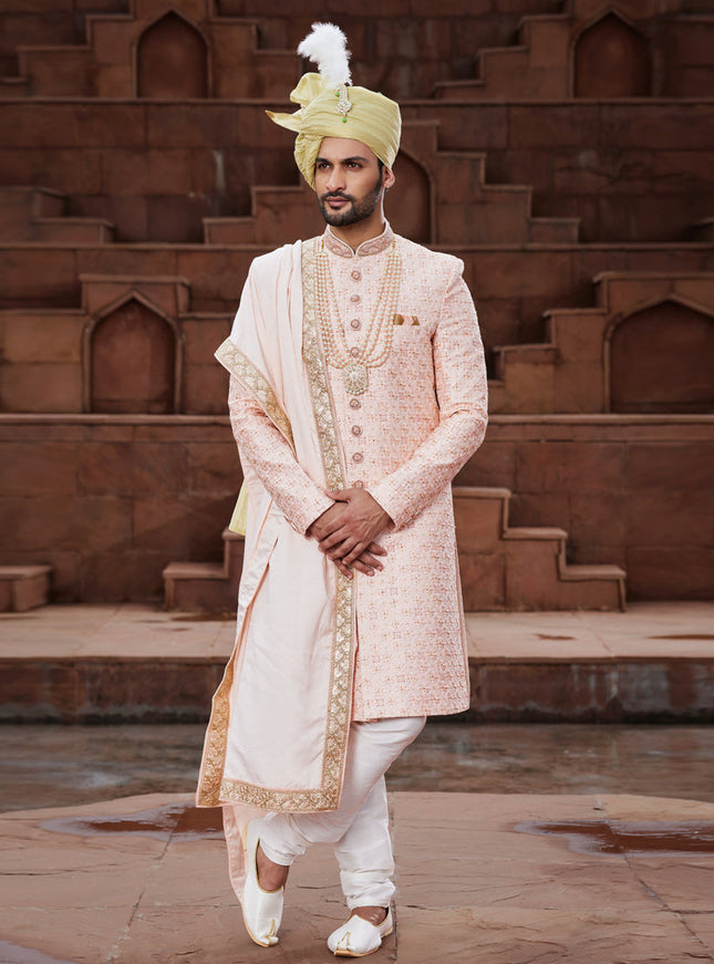 Peach Art Silk Designer Sherwani