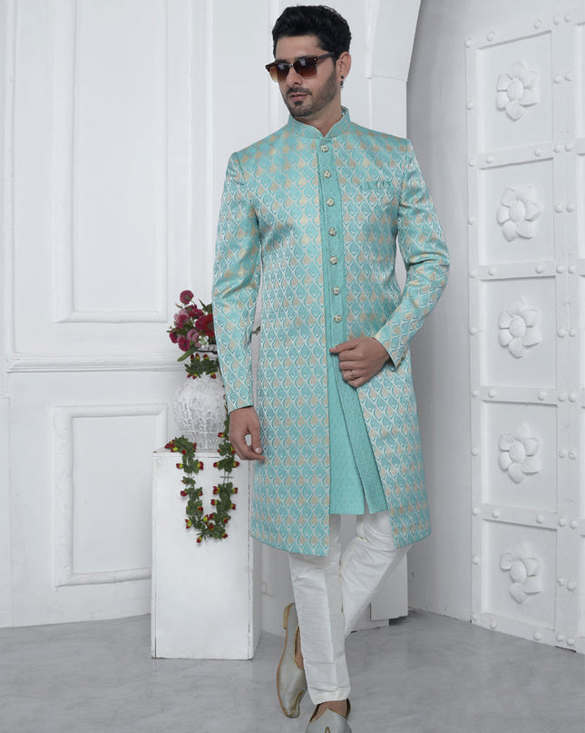 Aqua Blue Jacquard Silk 3 Pc Indo Western Outfit