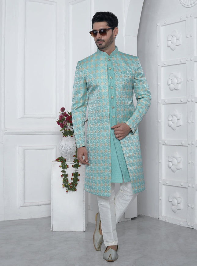 Aqua Blue Jacquard Silk 3 Pc Indo Western Outfit