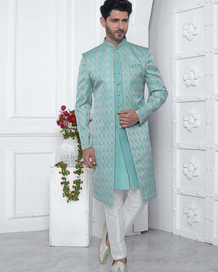 Aqua Blue Jacquard Silk 3 Pc Indo Western Outfit