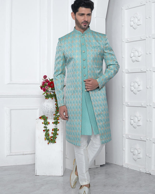Aqua Blue Jacquard Silk 3 Pc Indo Western Outfit