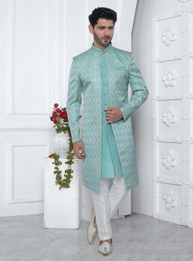 Aqua Blue Jacquard Silk 3 Pc Indo Western Outfit
