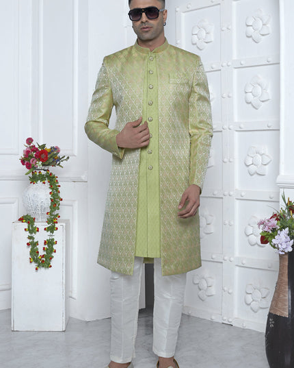 Parrot Green Jacquard Silk 3 Pc Indo Western Outfit