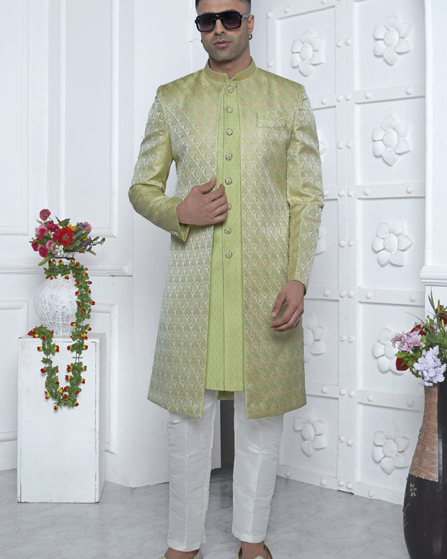 Parrot Green Jacquard Silk 3 Pc Indo Western Outfit