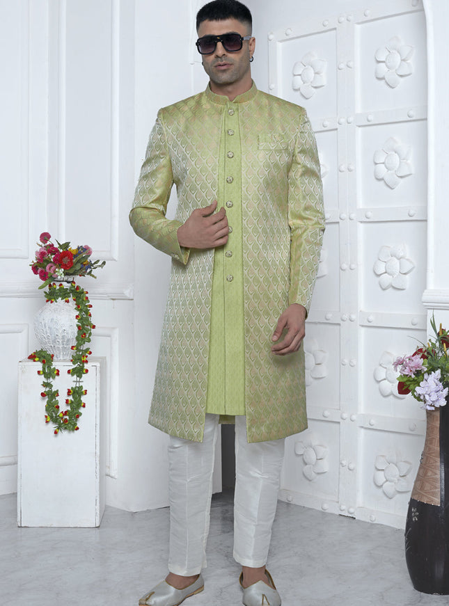 Parrot Green Jacquard Silk 3 Pc Indo Western Outfit