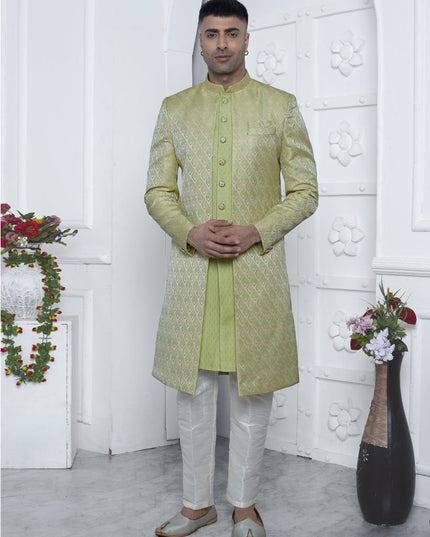 Parrot Green Jacquard Silk 3 Pc Indo Western Outfit