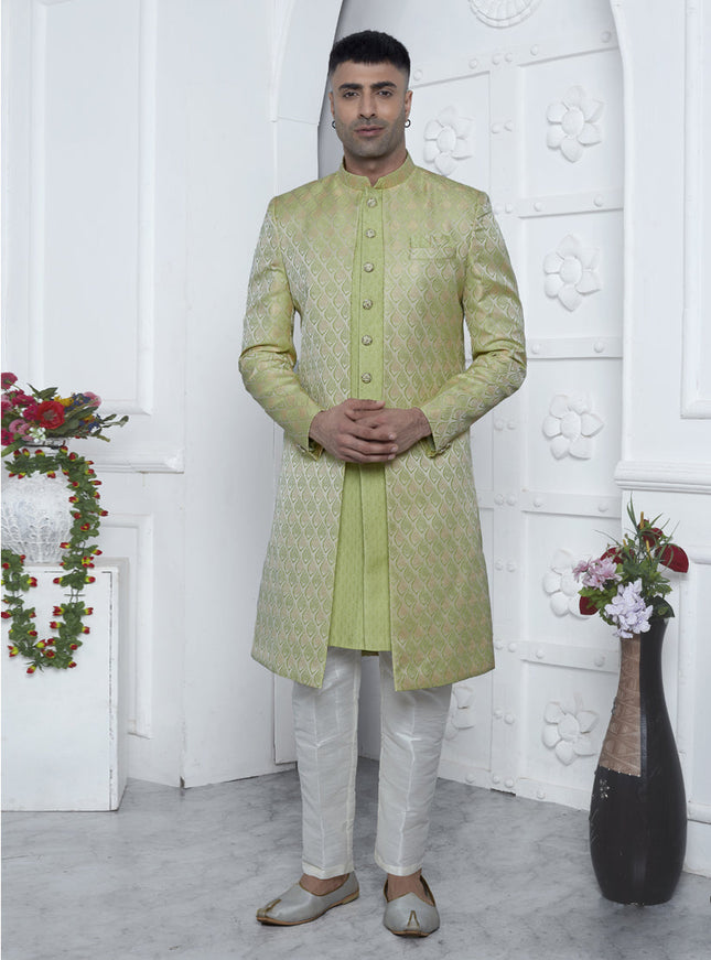 Parrot Green Jacquard Silk 3 Pc Indo Western Outfit