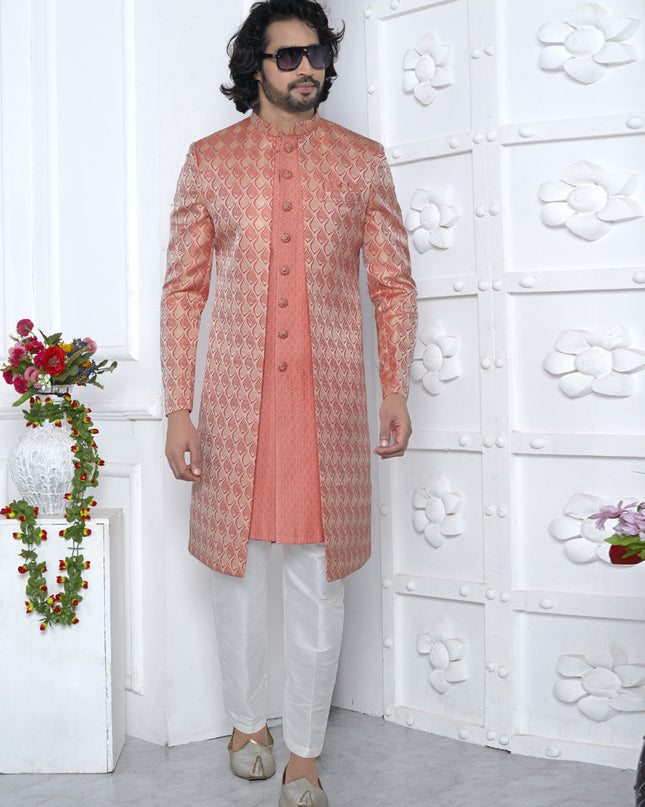 Coral Peach Jacquard Silk 3 Pc Indo Western Outfit