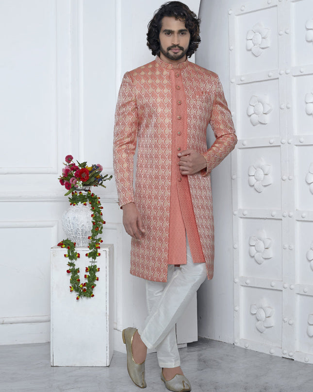 Coral Peach Jacquard Silk 3 Pc Indo Western Outfit