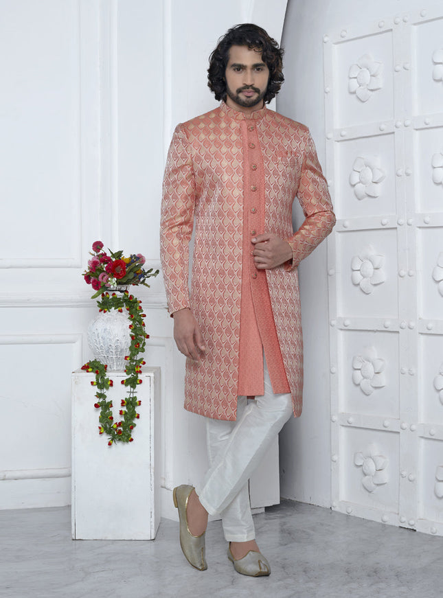 Coral Peach Jacquard Silk 3 Pc Indo Western Outfit