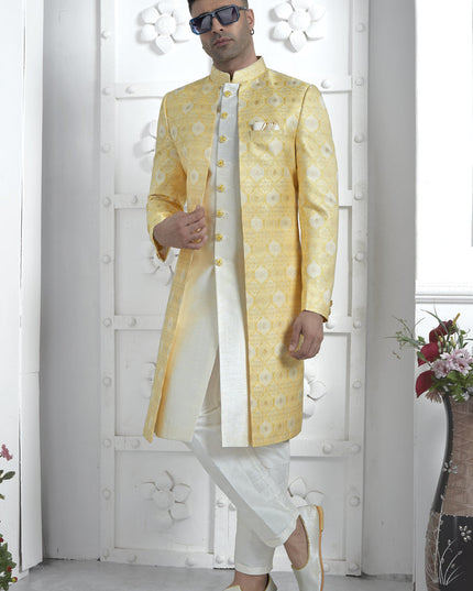 Yellow and Off White Jacquard Silk 3 Pc Indo Western Outfit