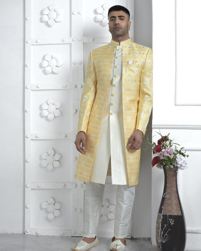 Yellow and Off White Jacquard Silk 3 Pc Indo Western Outfit