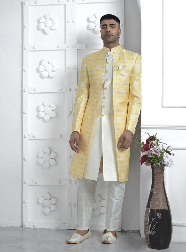 Yellow and Off White Jacquard Silk 3 Pc Indo Western Outfit