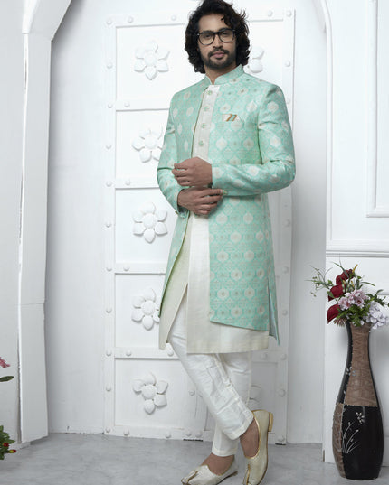 Sea Green and Off White Jacquard Silk 3 Pc Indo Western Outfit