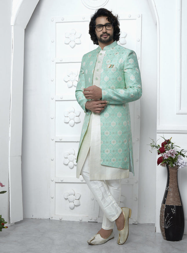 Sea Green and Off White Jacquard Silk 3 Pc Indo Western Outfit