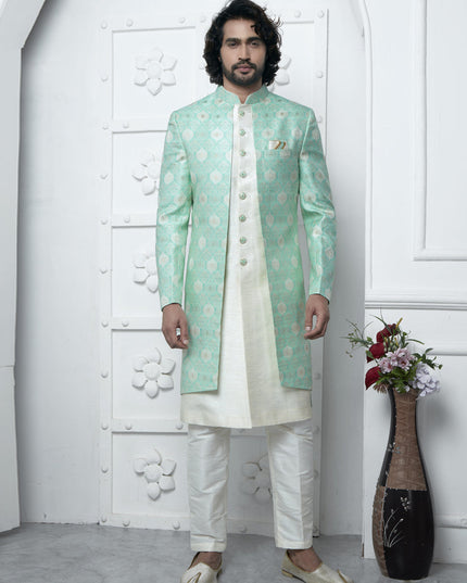 Sea Green and Off White Jacquard Silk 3 Pc Indo Western Outfit