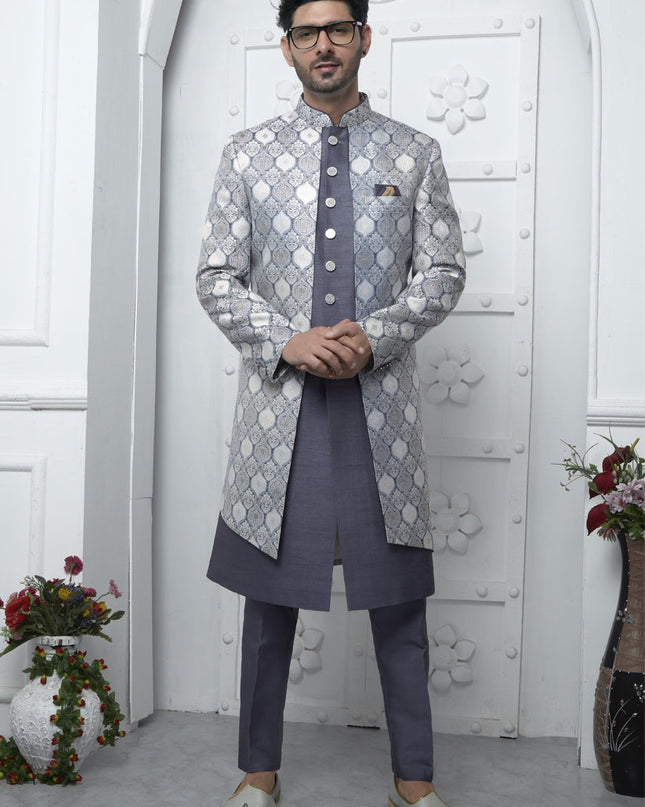 Slate Grey Jacquard Silk 3 Pc Indo Western Outfit