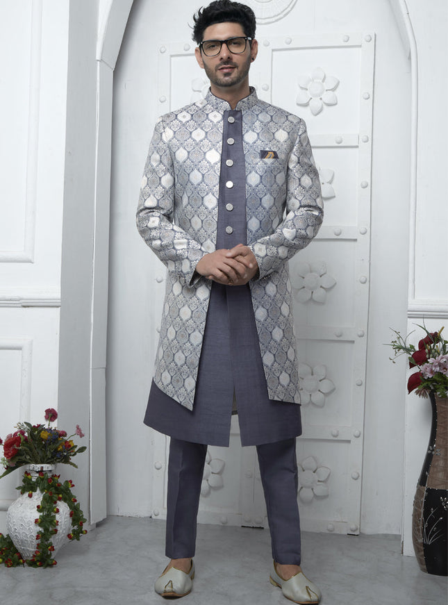 Slate Grey Jacquard Silk 3 Pc Indo Western Outfit