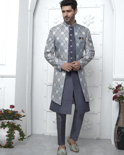 Slate Grey Jacquard Silk 3 Pc Indo Western Outfit