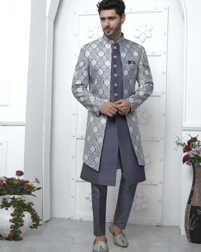 Slate Grey Jacquard Silk 3 Pc Indo Western Outfit