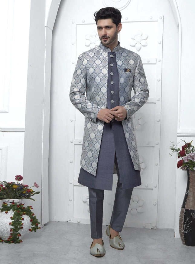 Slate Grey Jacquard Silk 3 Pc Indo Western Outfit