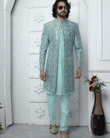 Firozi Jacquard Silk 3 Pc Indo Western Outfit