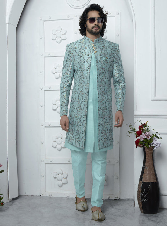 Firozi Jacquard Silk 3 Pc Indo Western Outfit